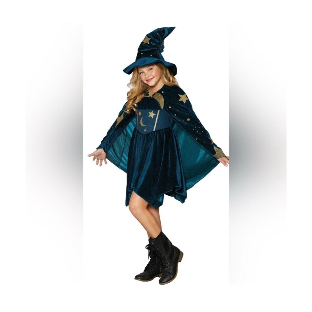 Girls Velvety Blue Short Spellbound Wizard Dress & Cape Costume 6X NEW